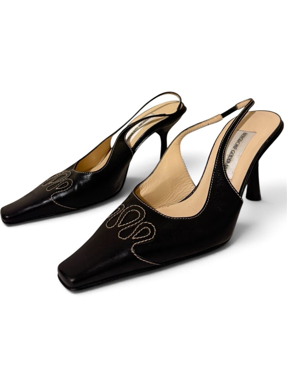 Bergdorf Goodman Black Leather Slingback Heels with Stitch Detail Size 5.5